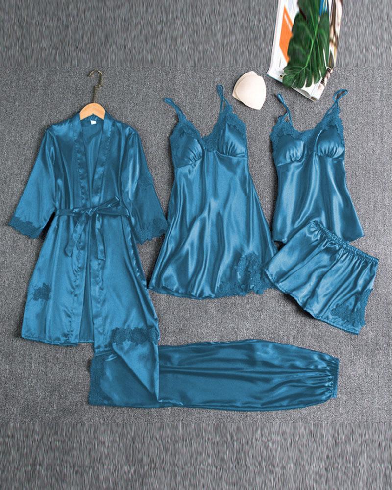 

5PCS Contrast Lace Cami Set With Nightdress & Belted Robe, Purplish blue