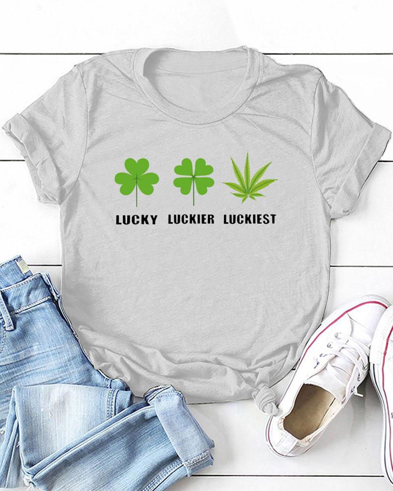 

St.Patrick' Day Clover Print Short Sleeve T-Shirt, White