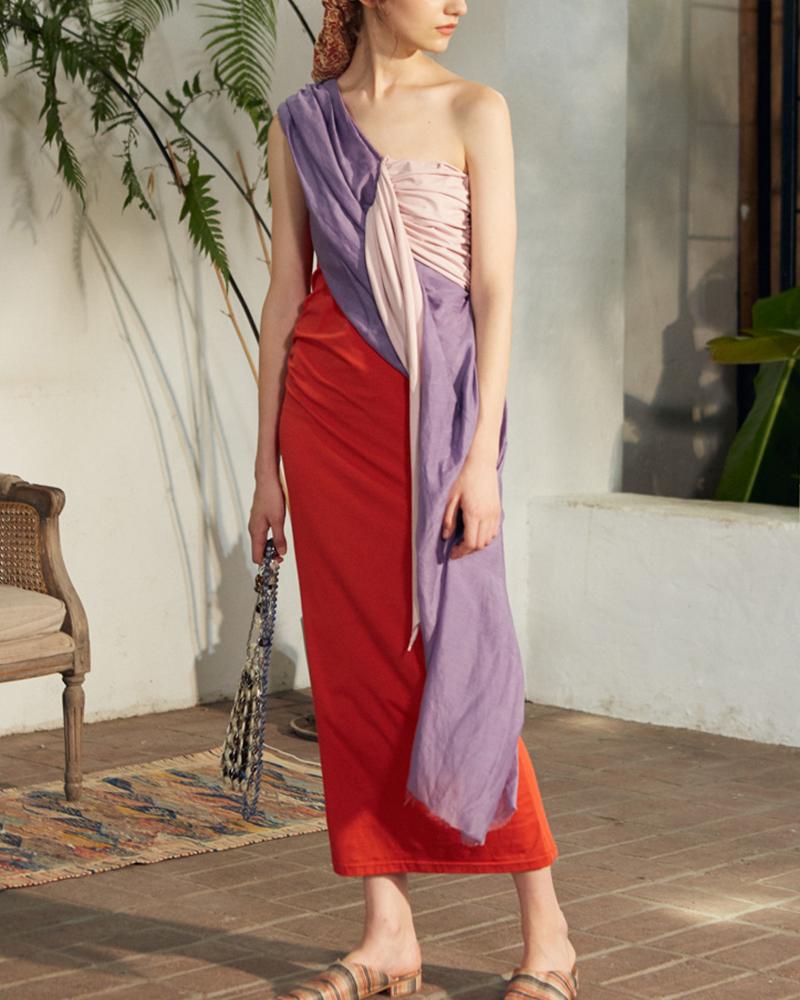 

Color Block Irregular One Shoulder Sleeveless Ruched Maxi Dress, Red
