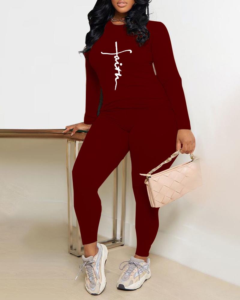 

Letter Print Long Sleeve Top & Pants Set, Wine red