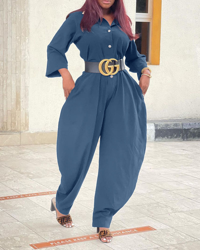 

Long Sleeve Button Front Harem Jumpsuit, Blue