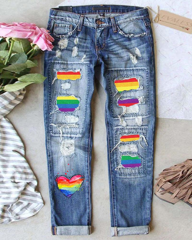 

Rainbow Stripe Heart Print Patchwork Pocket Design Jeans, Blue