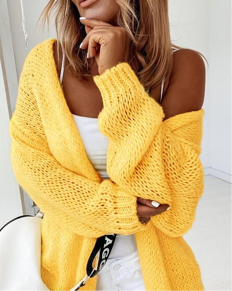 

Long Sleeve Open Front Knit Cardigan, Yellow