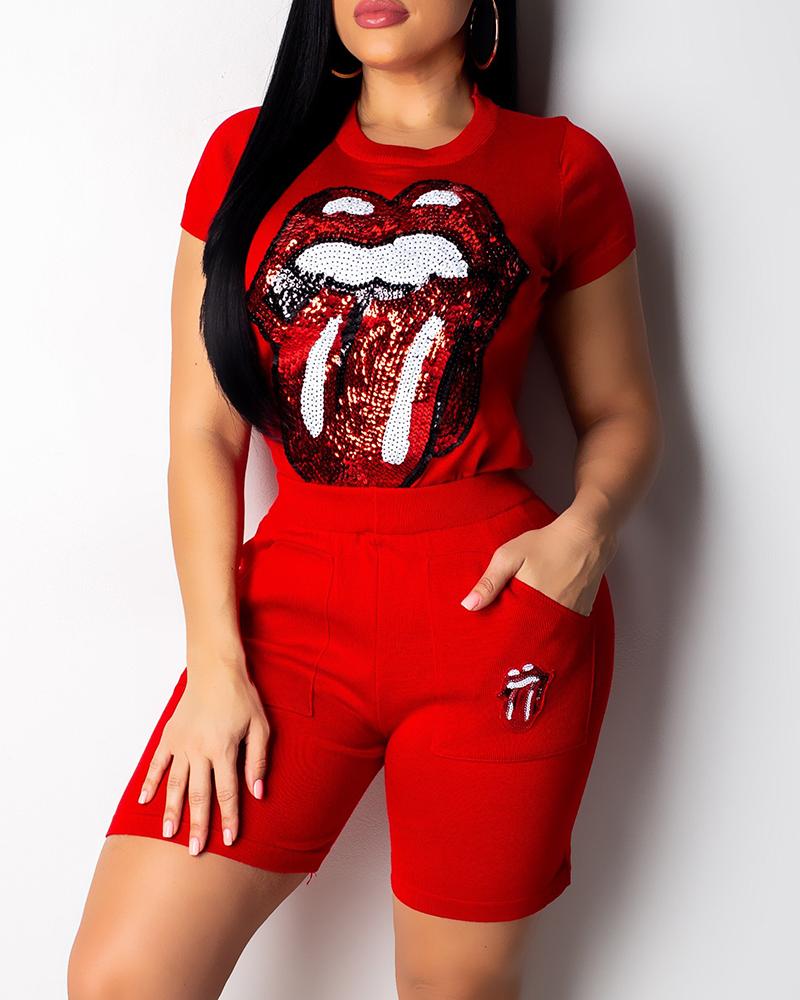 

Lip Splicing Sequin Print Short Sleeve T-shirt With Short Pants Suit Sets, Red