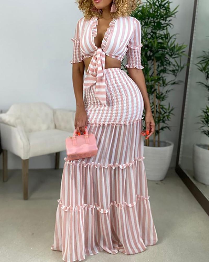 

Striped Print Deep V Neck Maxi Bodycon Dress, Pink