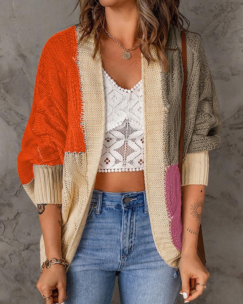 

Colorblock Long Sleeve Open Front Cable Knit Cardigan, Orange