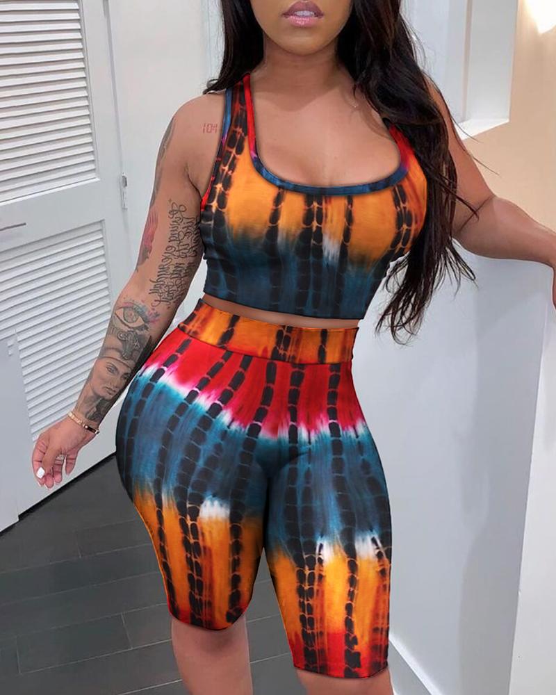 

Tie Dye Print Sleeveless Crop Top & High Waist Shorts Set, Multicolor