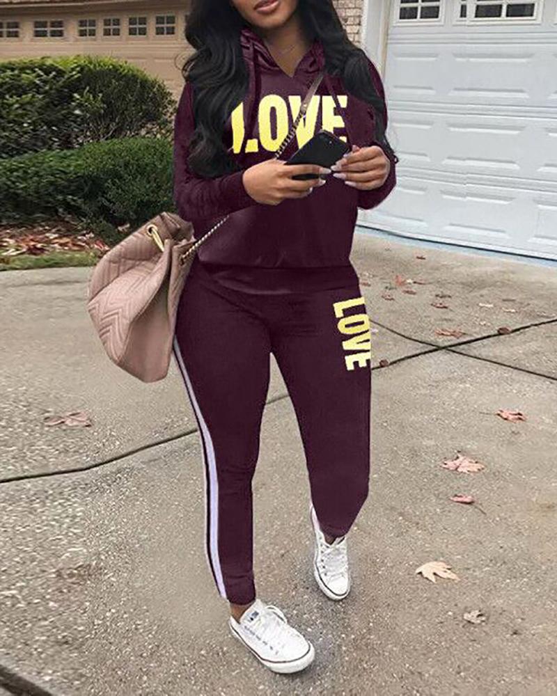 

Letter Print Hooded Sweatshirt & Striped Pants Set, Purple