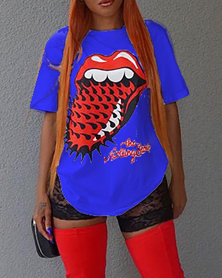 

Woman Digital Print Curved Hem Casual T-shirt, White;black;yellow;dark blue