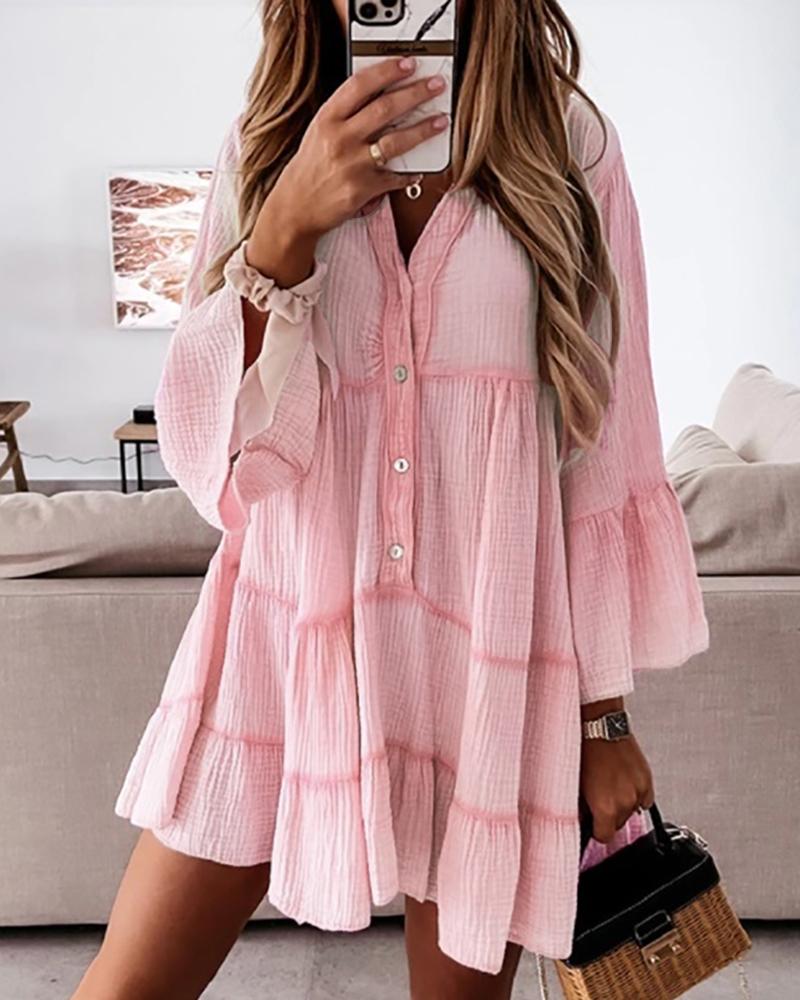 

Colorblock Button Design Bell Sleeve Casual Dress, Pink