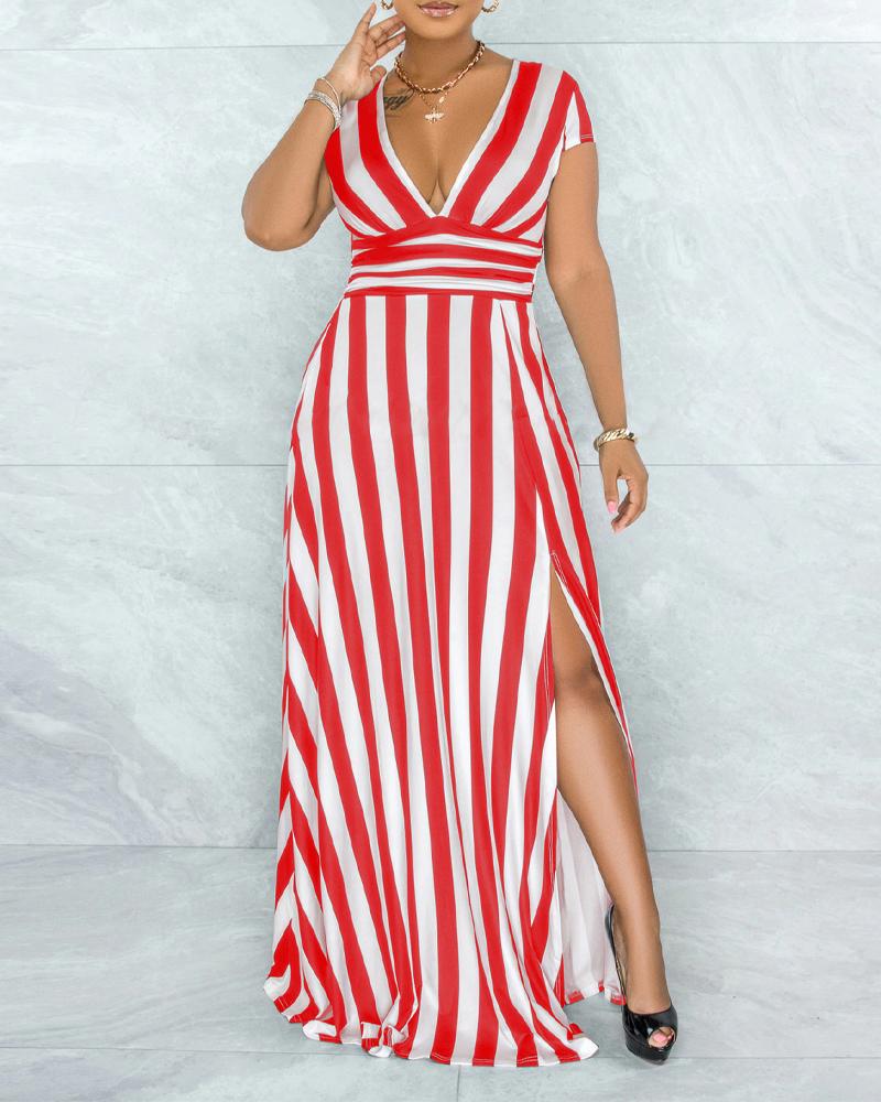 

Striped Print Deep V-Neck Split Thigh Maxi Dress, Red