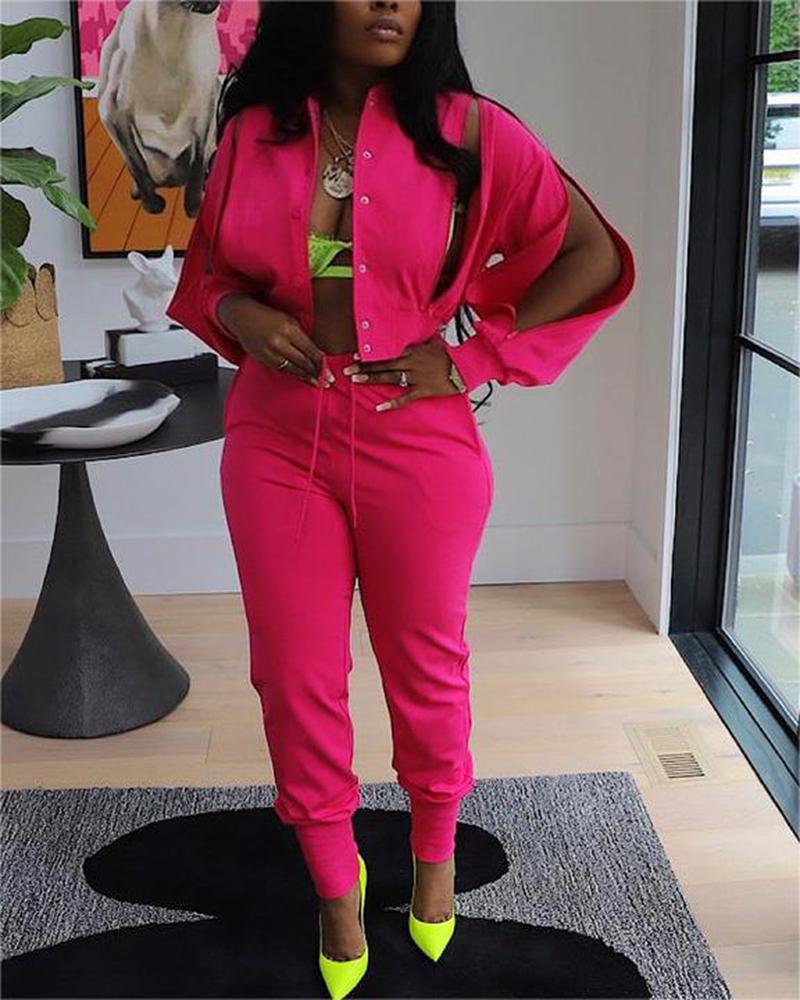 

Stand Collar Zipper Design Top & Cuffed Pants Set, Hot pink