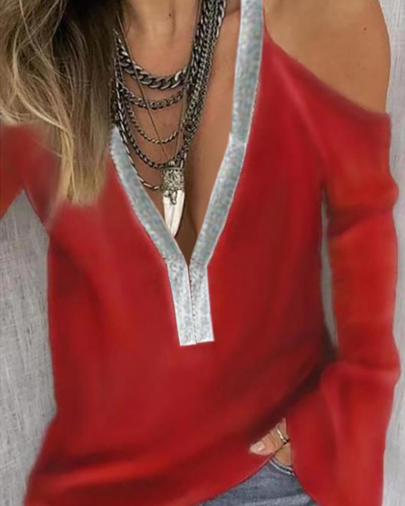 

Cold Shoulder Sequins Patch Long Sleeve Blouse, Red