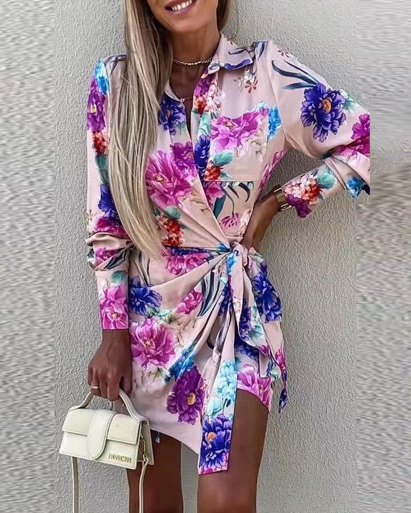 

Floral Print Tied Detail Long Sleeve Shirt Dress, Multicolor