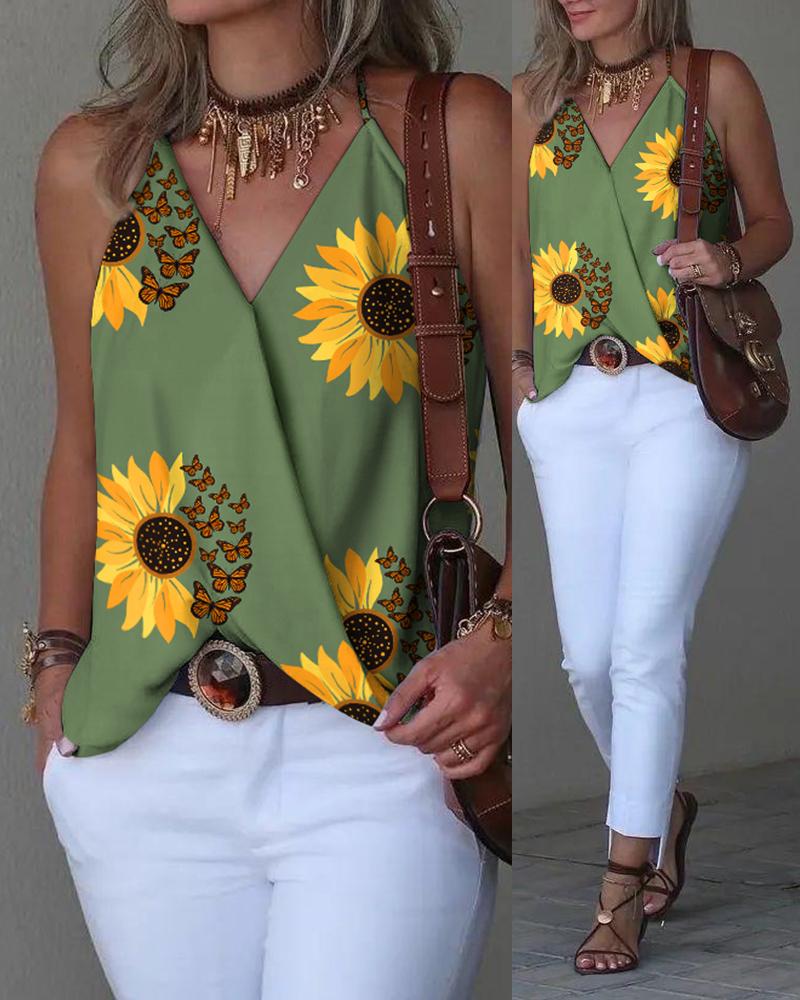 

Sunflower Butterfly Print Wrap Tank Top, Green