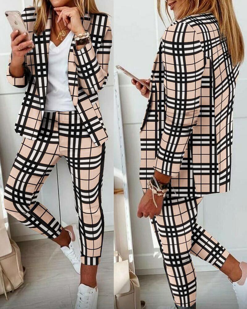 

Plaid Print Shawl Collar Blazer & Pants Set, Khaki