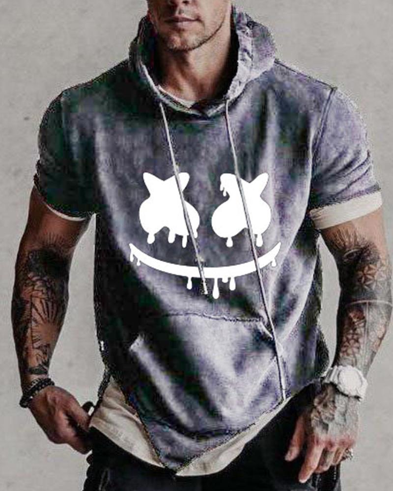 

Graphic Print Short Sleeve Loose Hooded Sweatshirts, Gray