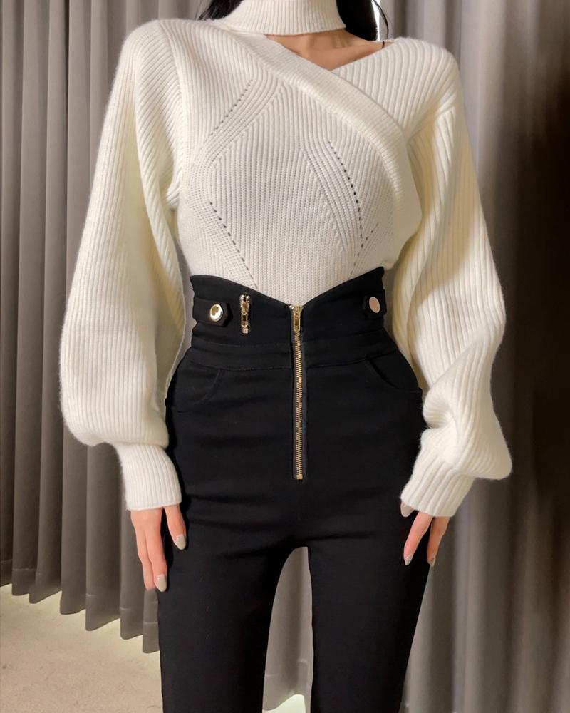 

Lantern Sleeve Cold Shoulder Sweater, Apricot