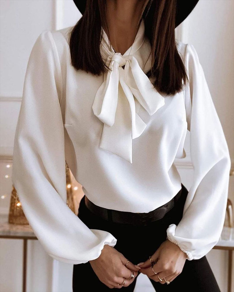 

Lantern Sleeve Tie Neck Top, White