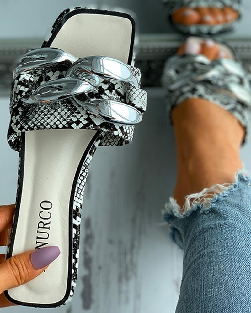 

Snakeskin Print Chain Decor Clear Chunky Heels, Silver