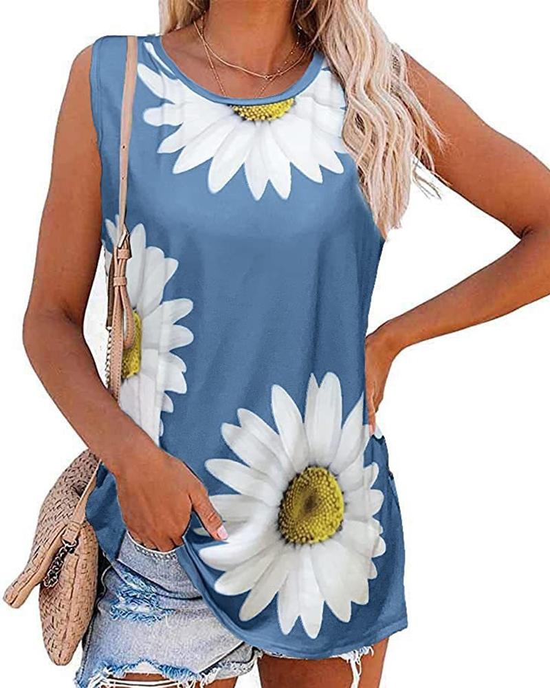 

Daisy Print Casual Tank Top, Blue