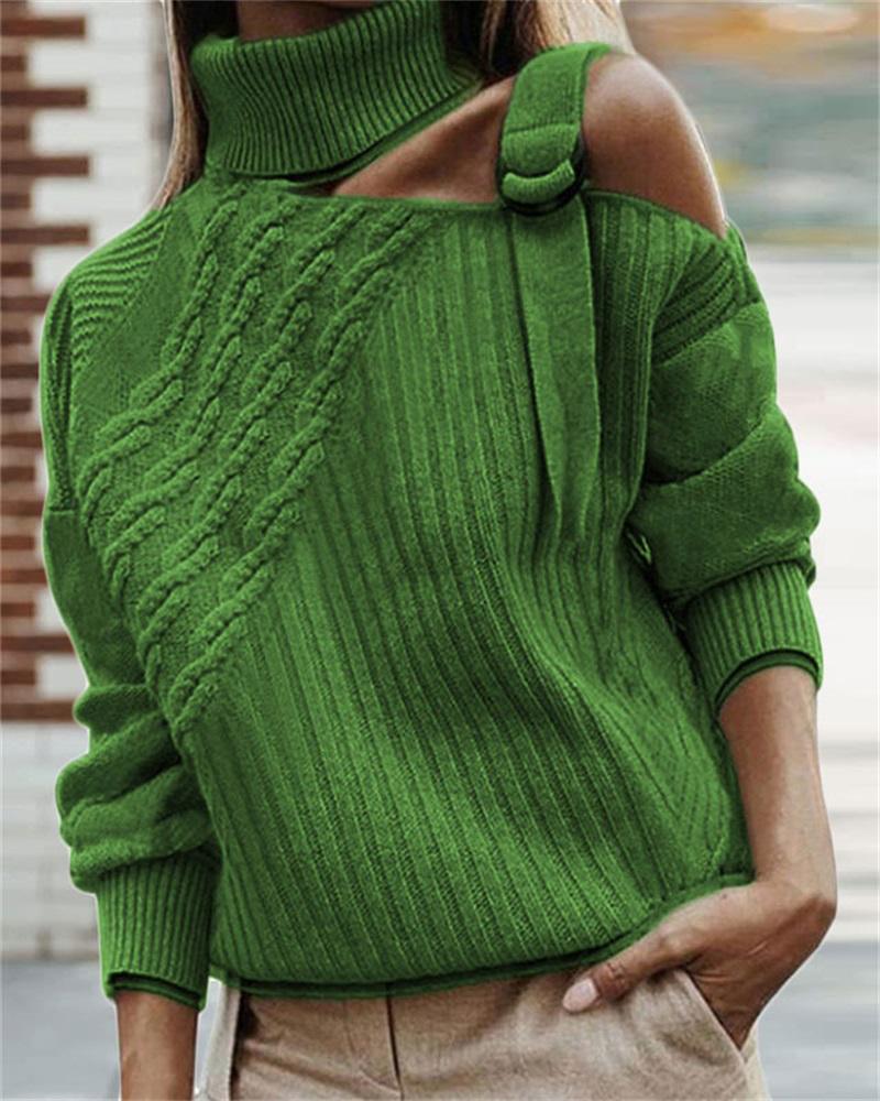 

Plus Size O-Ring Cold Shoulder Cable Knit Sweater, Green