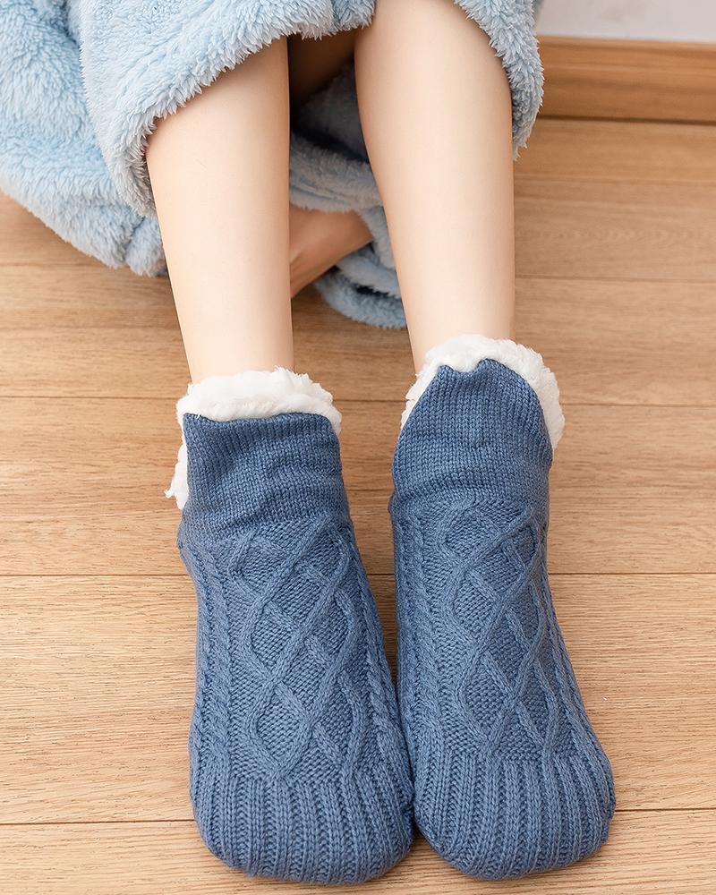 

1Pair Cable Knit Lined Non Slip Fuzzy Trim Socks, Blue