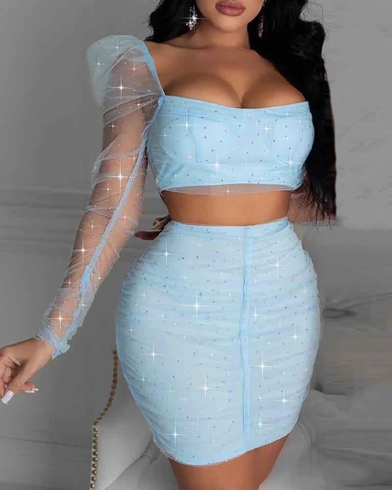 

Rhinestone Sheer Mesh Crop Top & Skirt Set, Light blue