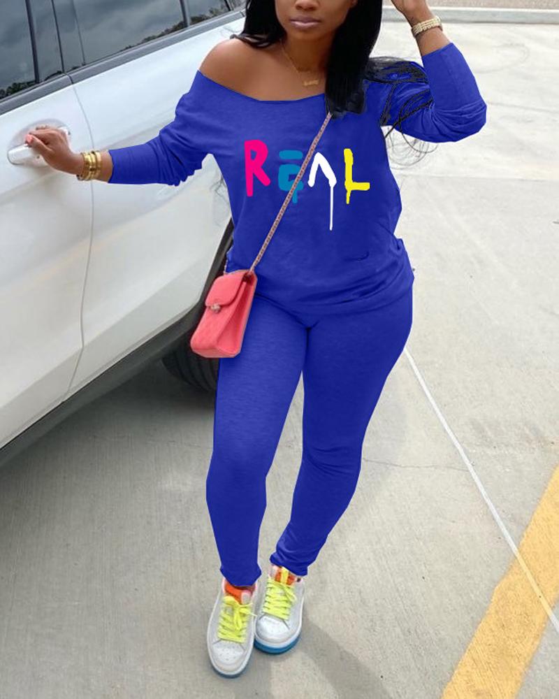 

Letter Print Long Sleeve Top & Pants Set, Blue