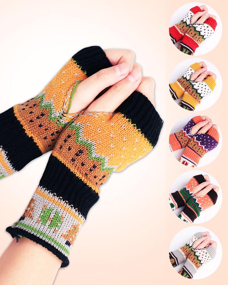 

1Pair Christmas Tree Pattern Knit Fingerless Gloves, Yellow