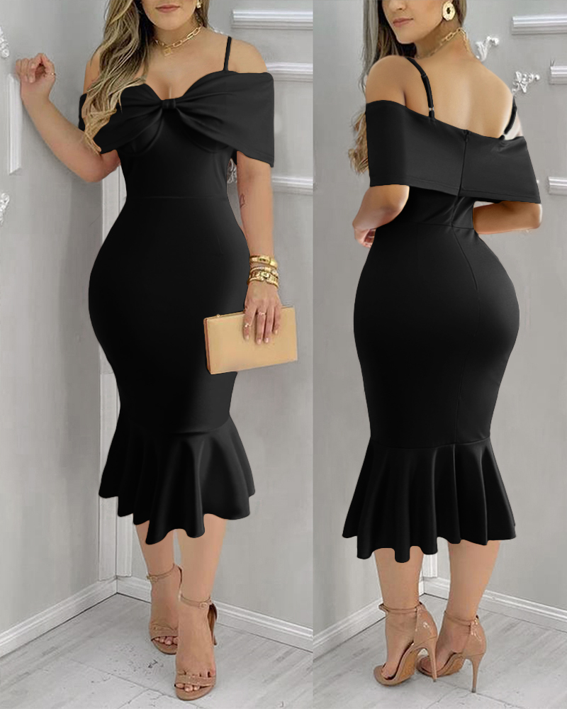 

Off Shoulder Spaghetti Strap Fishtail Mid-Calf Bodycon Bowknot Design Elegant Dress, Black