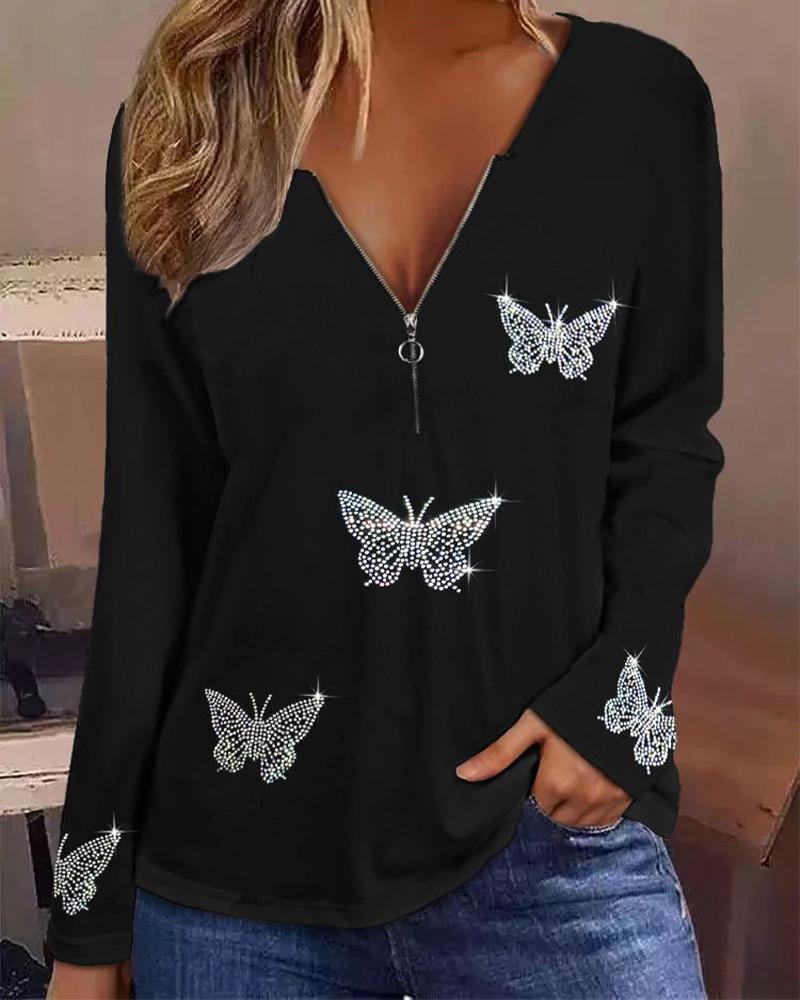 

Rhinestone Butterfly Pattern Zip Front Long Sleeve Top, Black