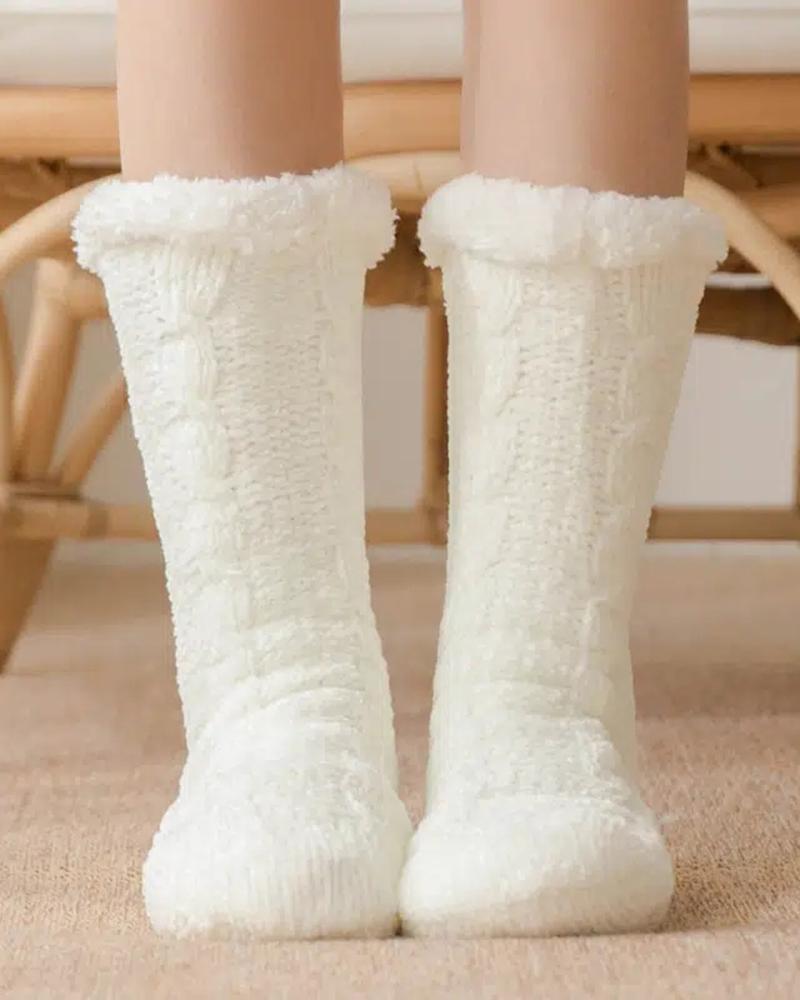 

1Pair Fleece Lined Fluffy Thick Warm Winter Non Slip Floor Socks, White