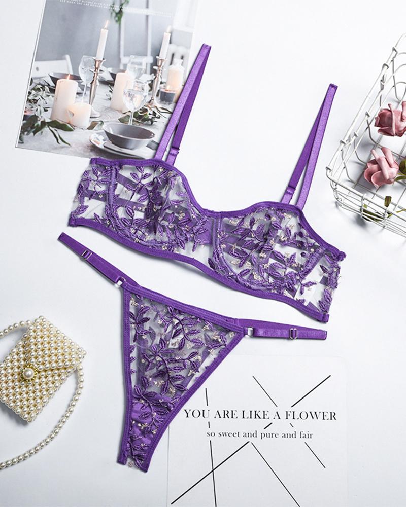 

Sexy See-through Mesh Splicing Floral Embroidery Sling Bra Sets, Purple