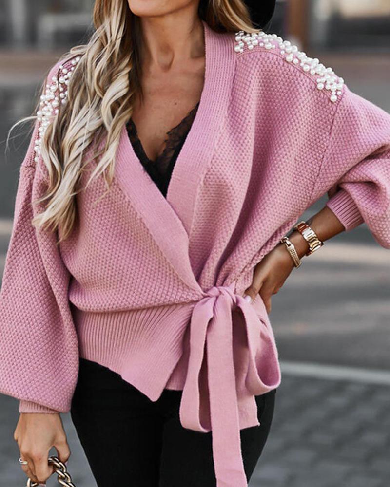 

Beaded Decor Lantern Sleeve Tie Front Cardigan, Pink