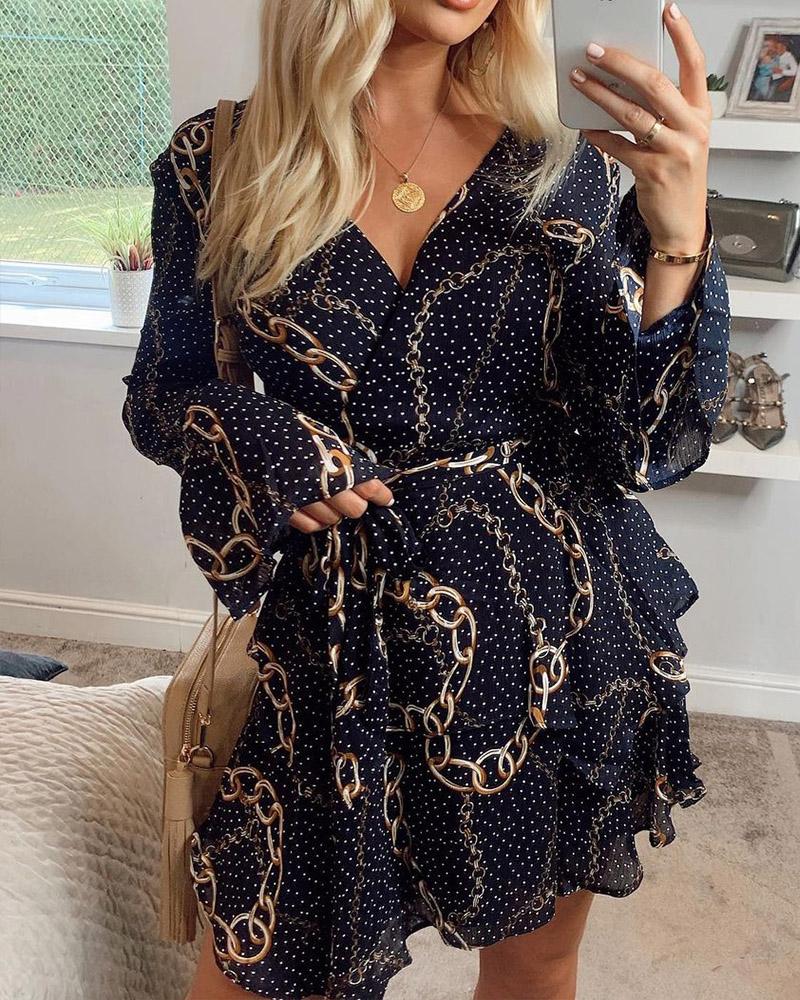 

Chain Polka Dot Print Flare Sleeve Casual Dress, Dark blue