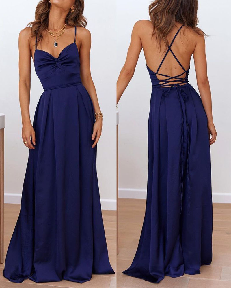 

Crisscross Lace Up Backless Spaghetti Strap Maxi Dress, Purplish blue