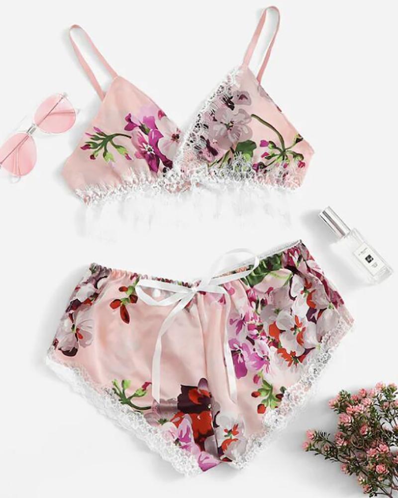 

Floral Print Lace Trim Cami Set, Pink