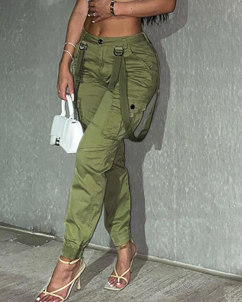 

Pocket Design Cuffed Cargo Pants, Green