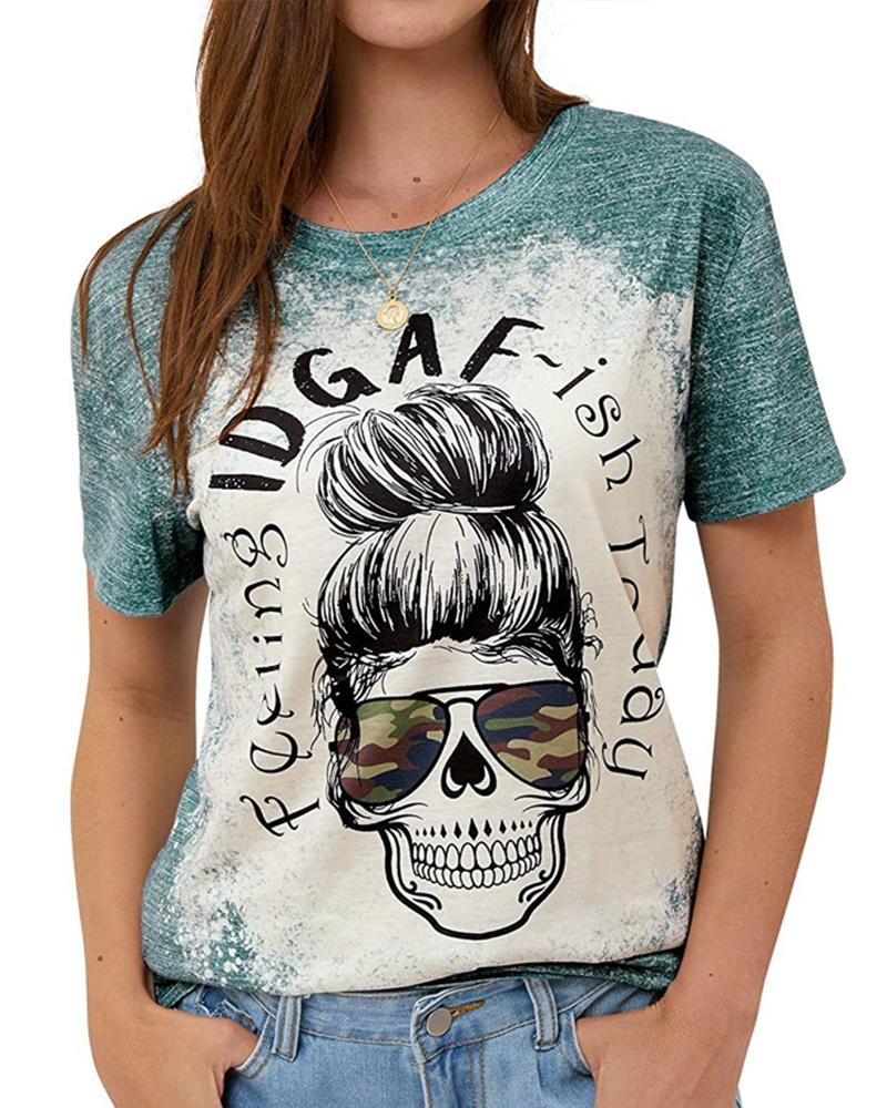 

Women's Vintage Skull Letter Print Round Neck T-shirt, Green