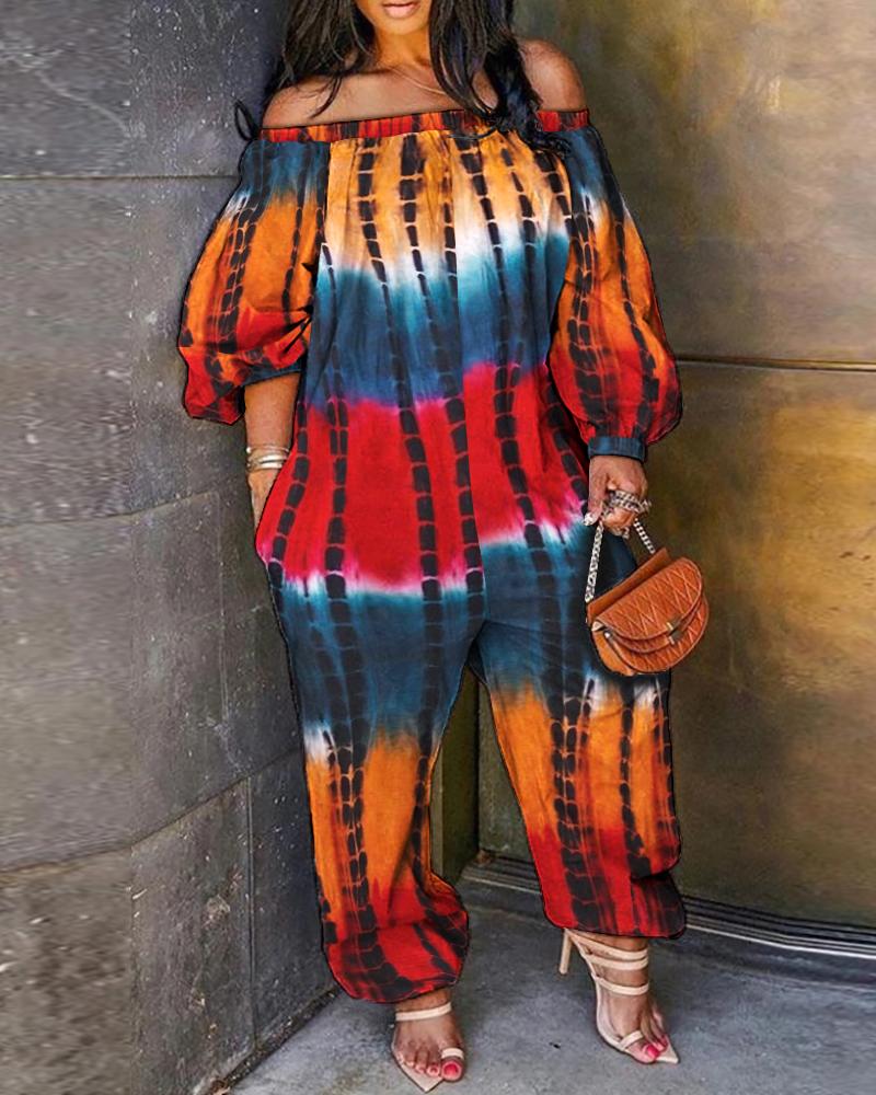 

Off Shoulder Tie Dye Print Lantern Sleeve Jumpsuit, Multicolor