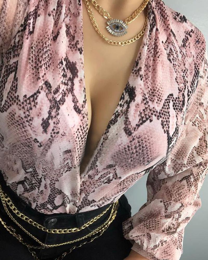 

Snakeskin Print Long Sleeve Bodysuit, Pink