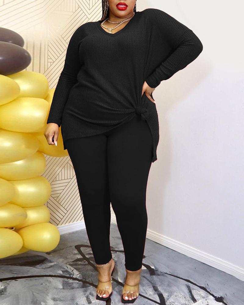 

Plus Size Split Hem Long Sleeve Top & Pants Set, Black
