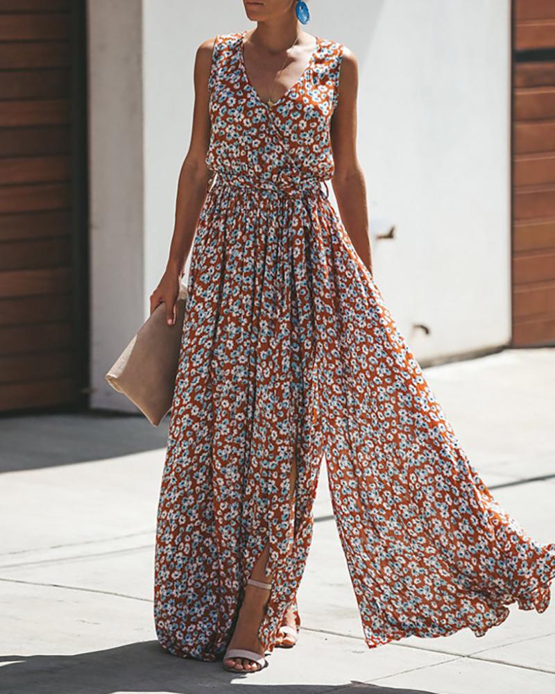 

Floral Print Slit Sleeveless Maxi Dress, Wine red