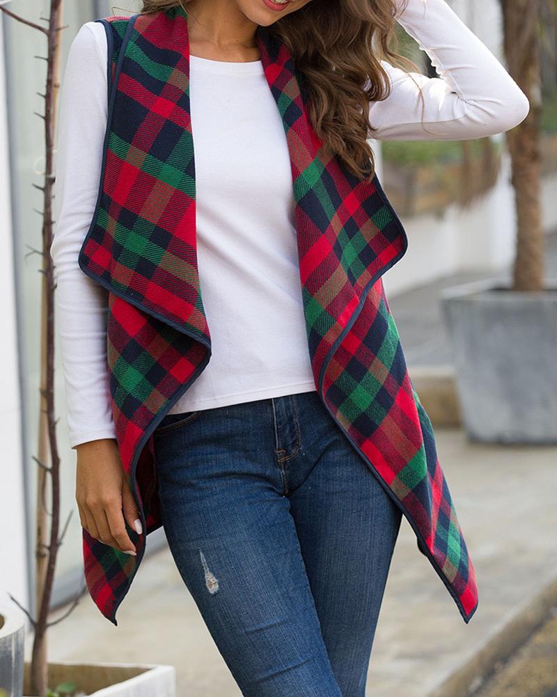 

Plaid Print Asymmetrical Sleeveless Coat, Red