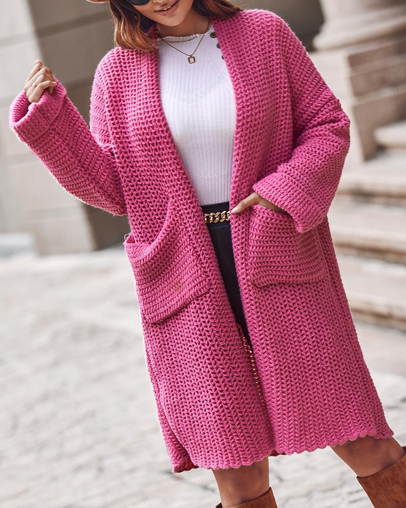 

Pocket Design Long Sleeve Cardigan, Hot pink