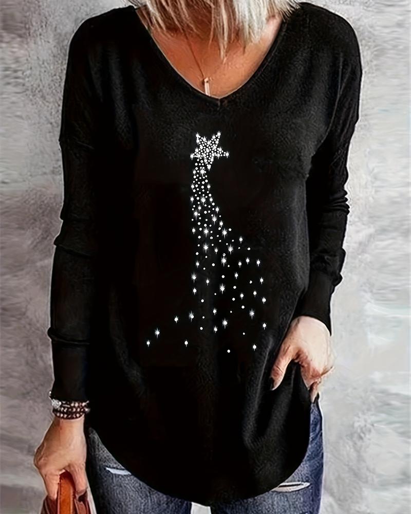 

Rhinestone Star Pattern V-Neck Top, Black