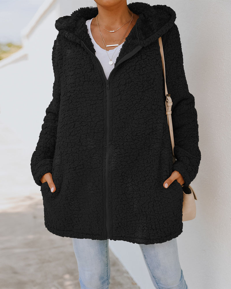 

Long Sleeve Zip Up Hooded Teddy Coat, Black
