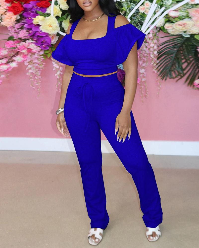 

Cold Shoulder Plain Ruffles Hem Top & Sporty Pants Set, Dark blue