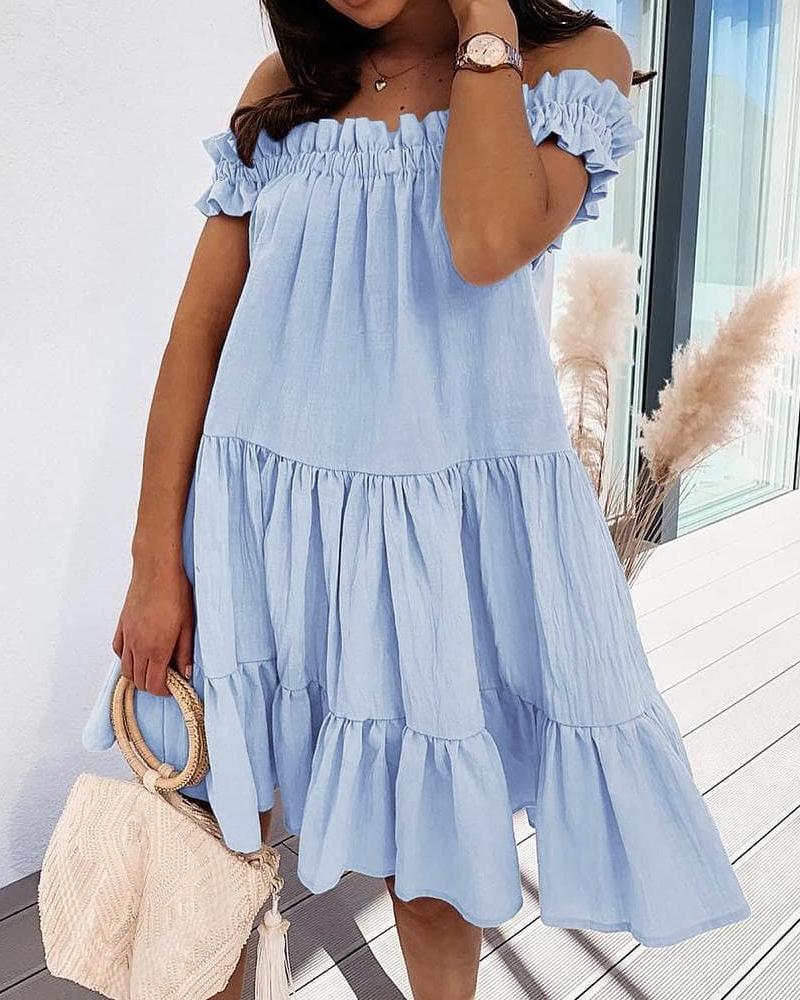 

Off Shoulder Frill Hem Ruched Casual Swing Dress, Lighted blue